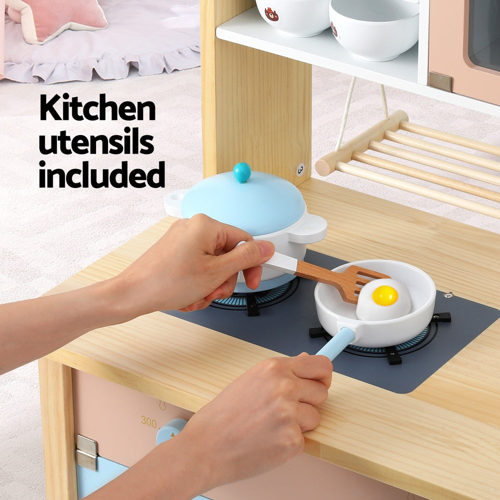 Keezi Kids Wooden Pretend Kitchen Play Sets Cooking Toys Pot Pan Bowls Oven Dishwasher 80CM Blue-Baby & Kids > Baby & Kid&