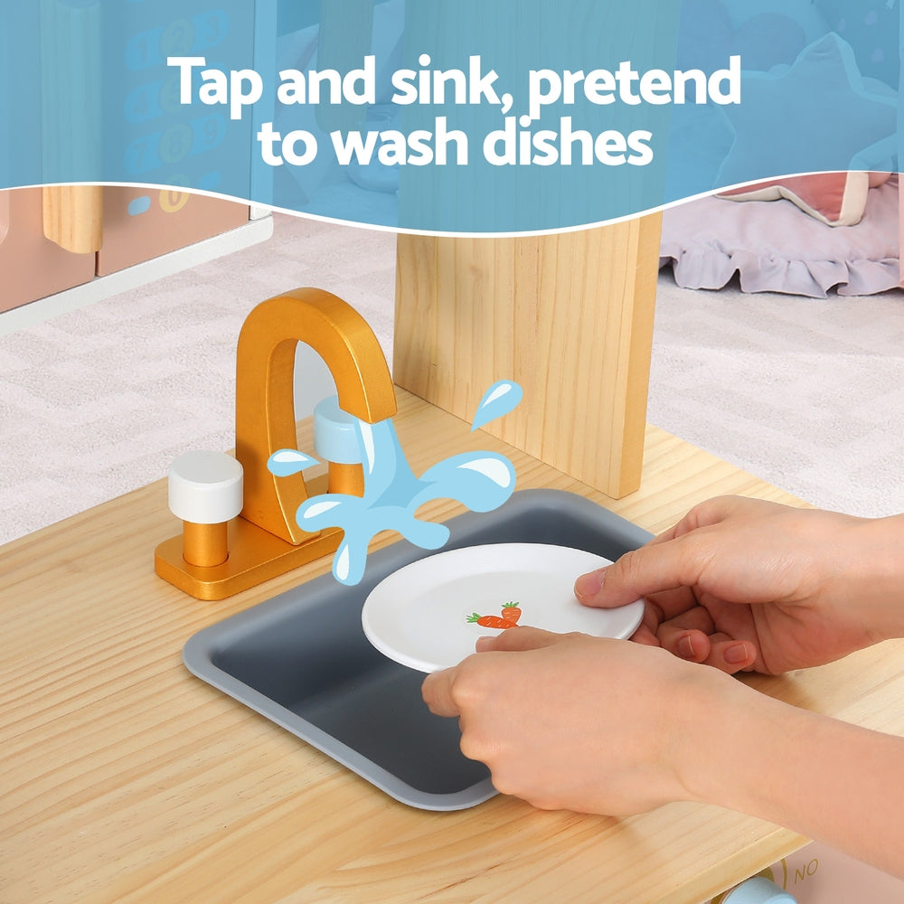Keezi Kids Wooden Pretend Kitchen Play Sets Cooking Toys Pot Pan Bowls Oven Dishwasher 80CM Blue-Baby & Kids > Baby & Kid&