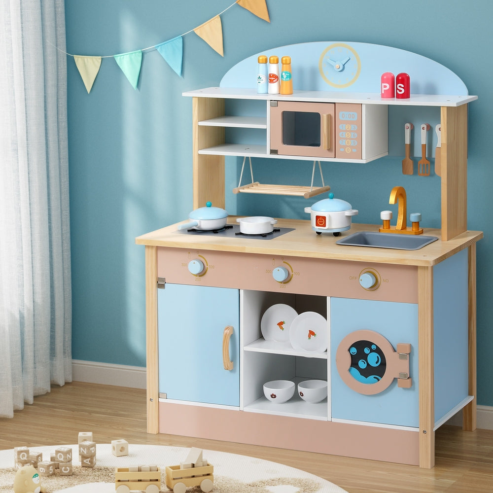 Keezi Kids Wooden Pretend Kitchen Play Sets Cooking Toys Pot Pan Bowls Oven Dishwasher 80CM Blue-Baby & Kids > Baby & Kid&