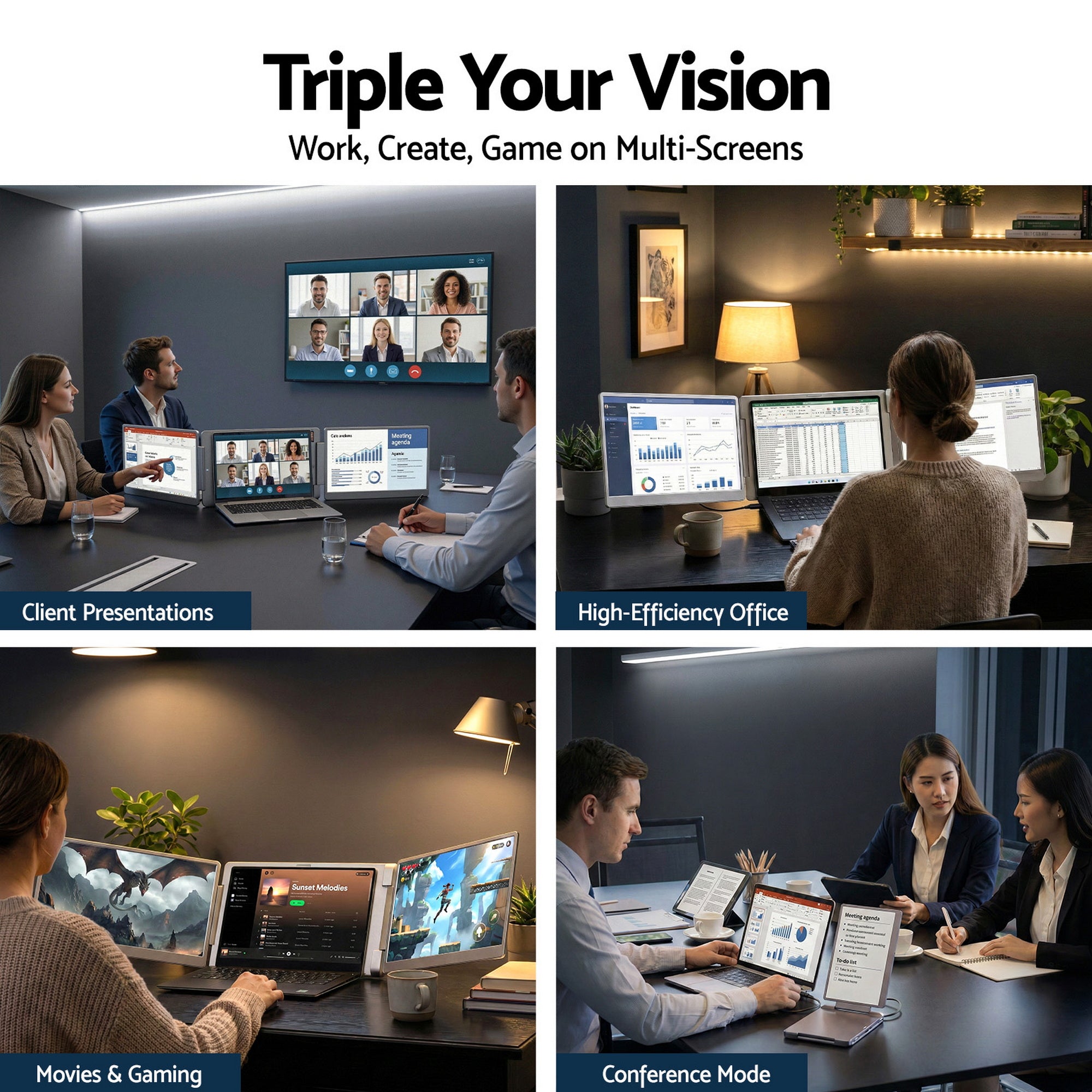 Devanti Triple Portable Monitor Laptop Screen Extender 15.6" Dual Display FHD IPS-Electronics > Computer Accessories > Computer Monitors & Accessories-PEROZ Accessories