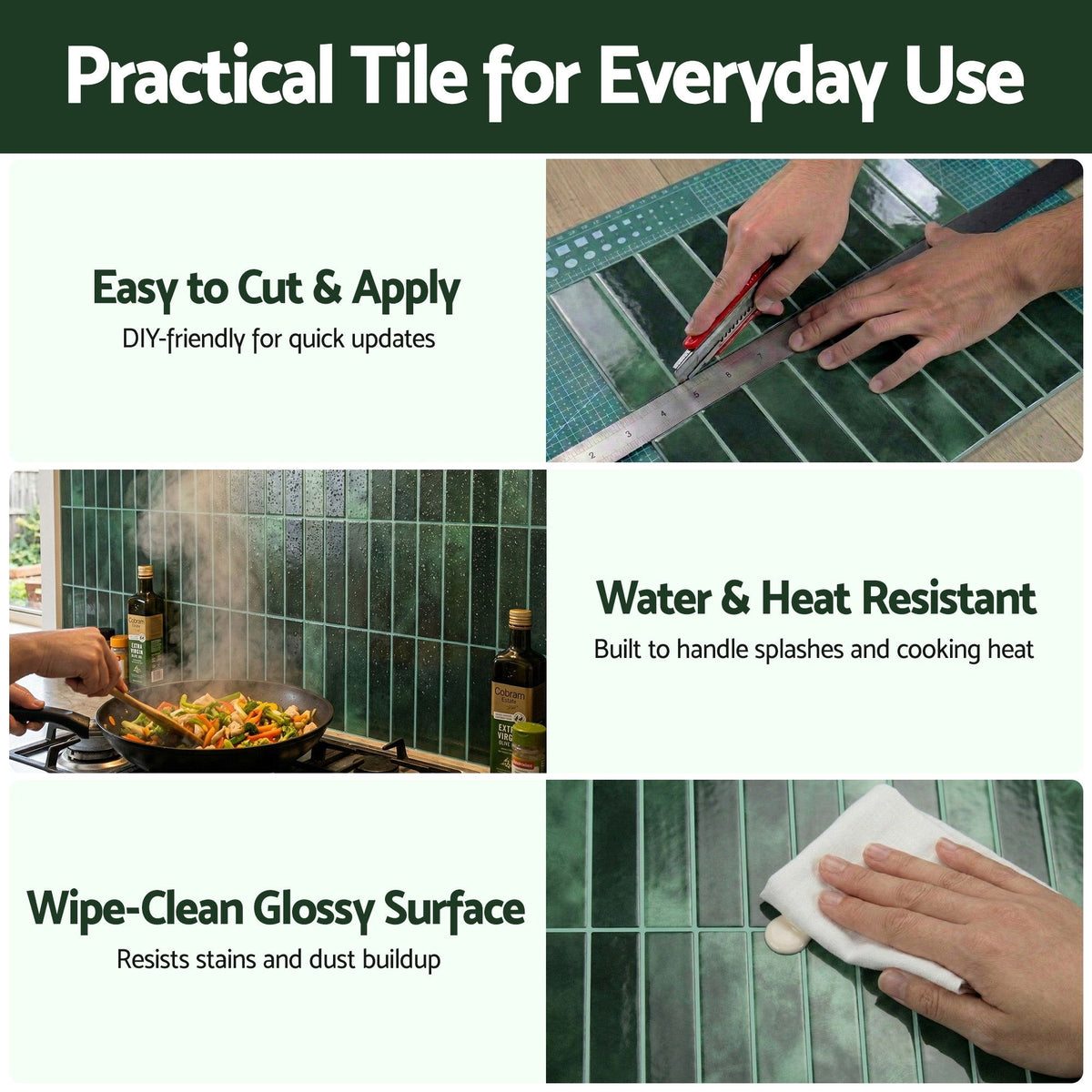 Artiss 3D Peel and Stick Wall Tiles Self Adhesive LinearGrid Backsplash 10 Sheets, Green-Home & Garden > Decor > Wallpaper-PEROZ Accessories