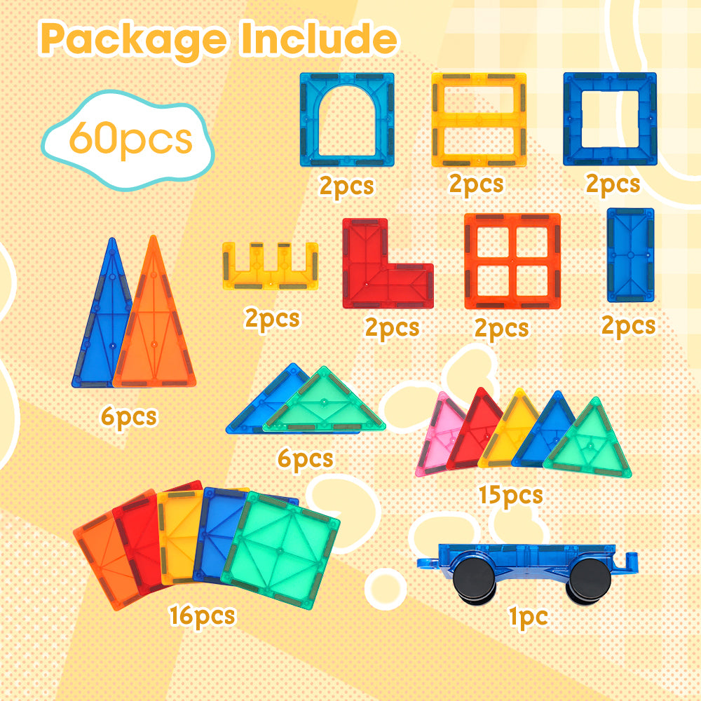 Playpals Kids Magnetic Tiles Blocks Building Educational Toys 60PCS-Kid Building Toys-PEROZ Accessories