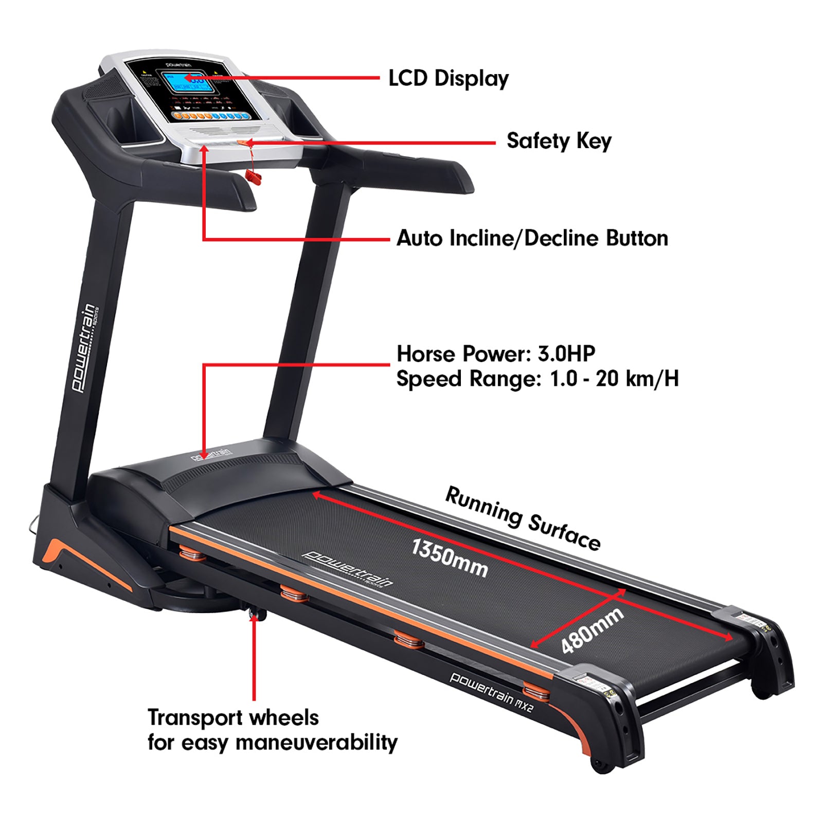 Powertrain MX2 Foldable Home Treadmill Auto Incline Cardio Running-Walking Pad-PEROZ Accessories