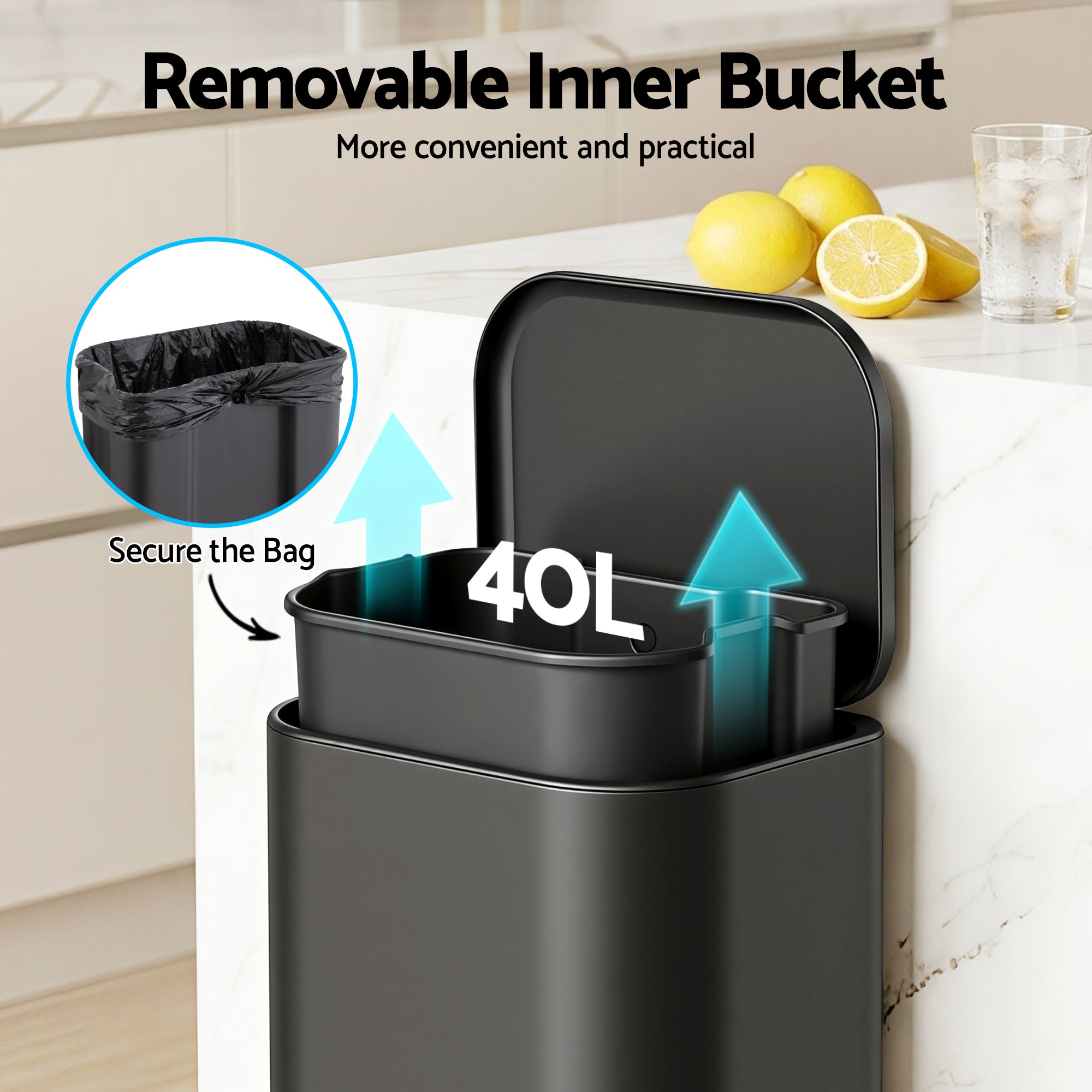Cefito Kitchen Trash Can 40L Pedal Bins Rubbish Bin Steel with Soft Close Lid, Removable Inner Bucket, Rectangular Garbage Can Recycling Bin, Black-Home & Garden > Kitchen Bins > Pedal Bins-PEROZ Accessories