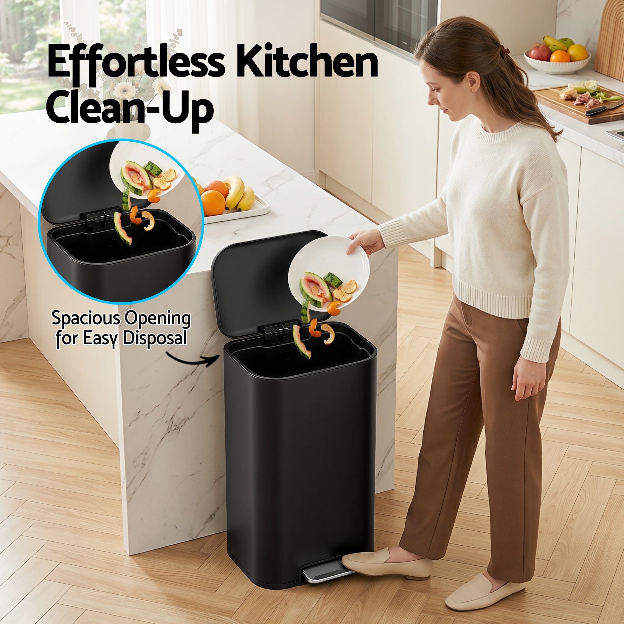 Cefito Kitchen Trash Can 40L Pedal Bins Rubbish Bin Steel with Soft Close Lid, Removable Inner Bucket, Rectangular Garbage Can Recycling Bin, Black-Home & Garden > Kitchen Bins > Pedal Bins-PEROZ Accessories