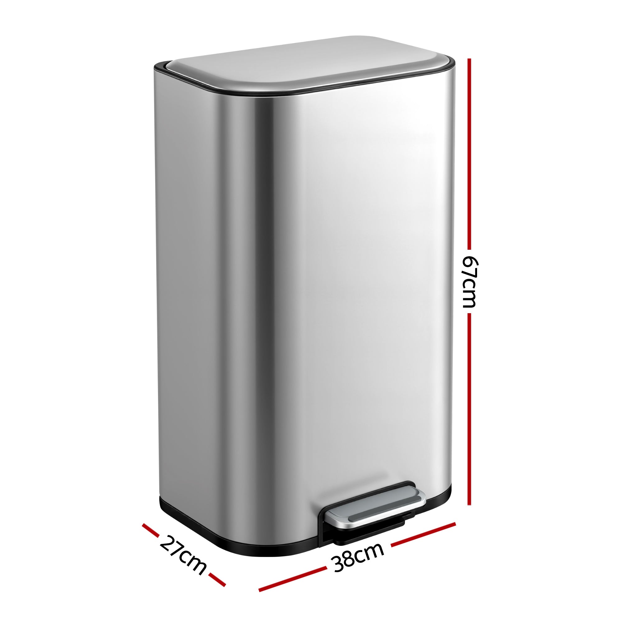 Cefito Kitchen Trash Can 40L Pedal Bins Rubbish Bin Steel with Soft Close Lid, Removable Inner Bucket, Rectangular Garbage Can Recycling Bin, Silver-Home & Garden > Kitchen Bins > Pedal Bins-PEROZ Accessories