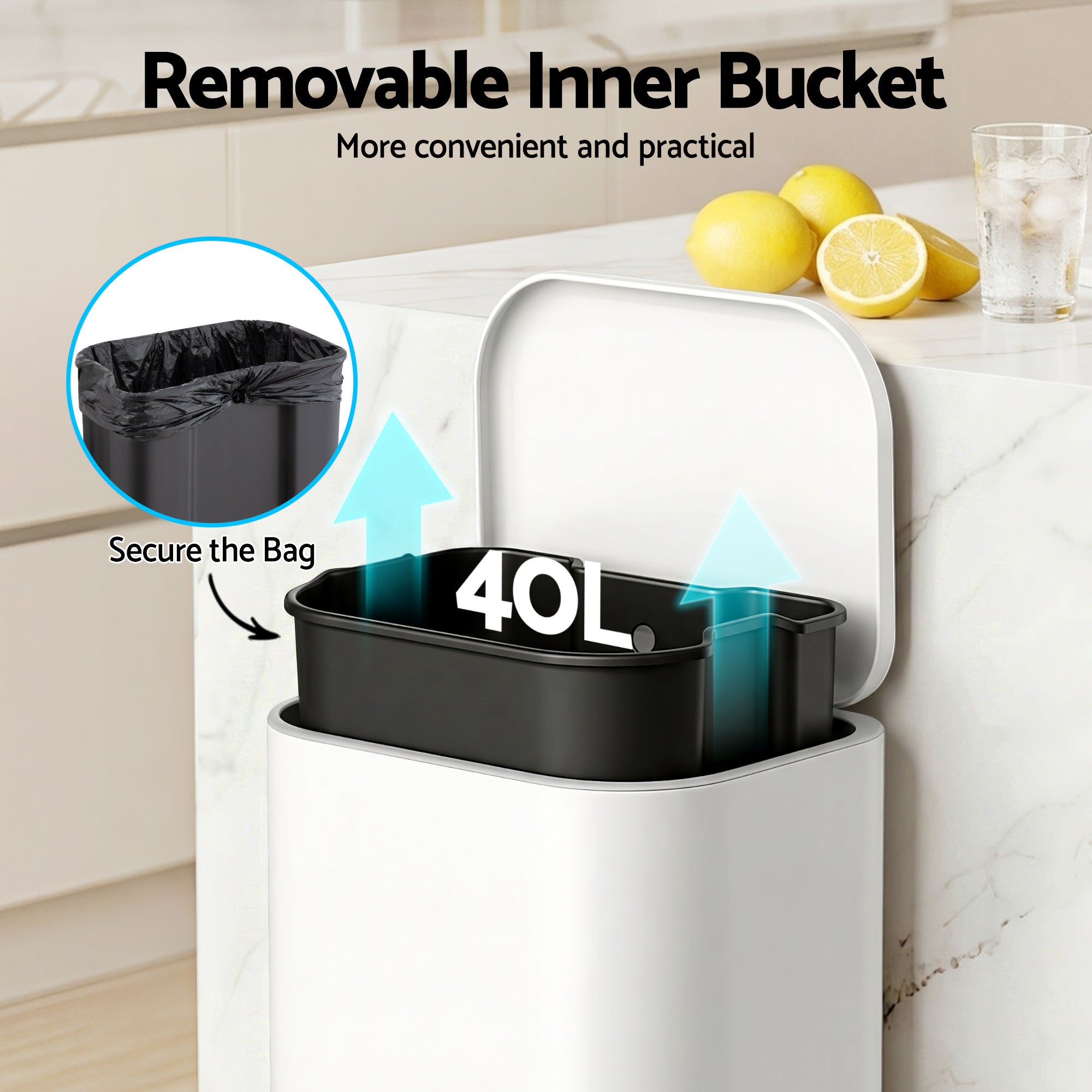 Cefito Kitchen Trash Can 40L Pedal Bins Rubbish Bin Steel with Soft Close Lid, Removable Inner Bucket, Rectangular Garbage Can Recycling Bin, White-Home & Garden > Kitchen Bins > Pedal Bins-PEROZ Accessories