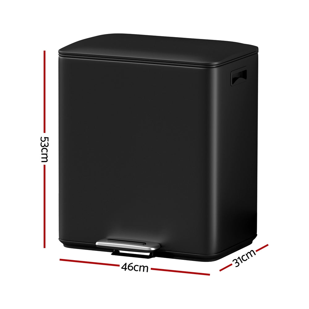 Cefito Pedal Bins Rubbish Bin Dual Compartment Waste Recycle Dustbins 40L Black-Home & Garden > Kitchen Bins > Pedal Bins-PEROZ Accessories