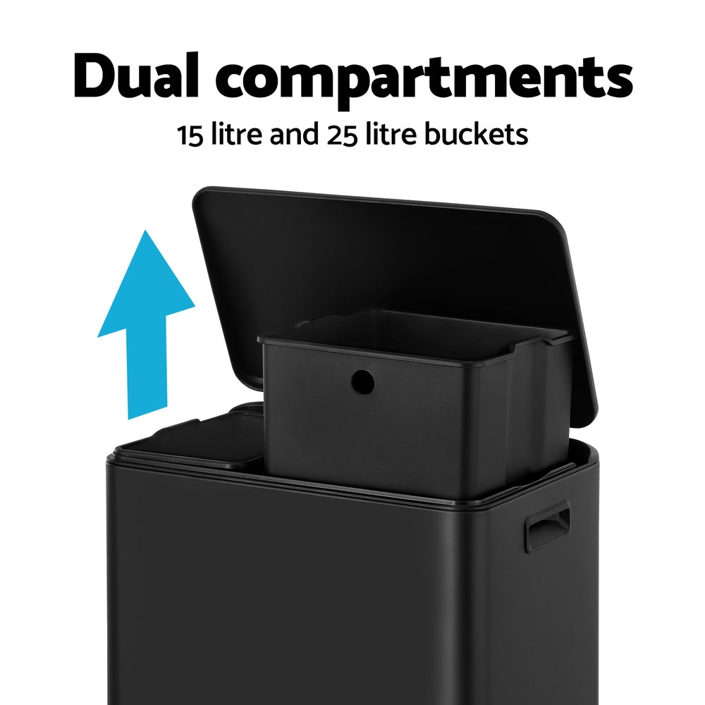 Cefito Pedal Bins Rubbish Bin Dual Compartment Waste Recycle Dustbins 40L Black-Home & Garden > Kitchen Bins > Pedal Bins-PEROZ Accessories