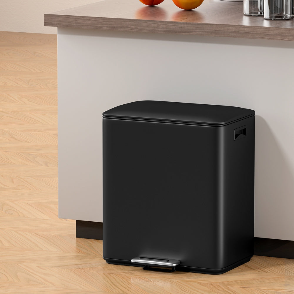 Cefito Pedal Bins Rubbish Bin Dual Compartment Waste Recycle Dustbins 40L Black-Home & Garden > Kitchen Bins > Pedal Bins-PEROZ Accessories