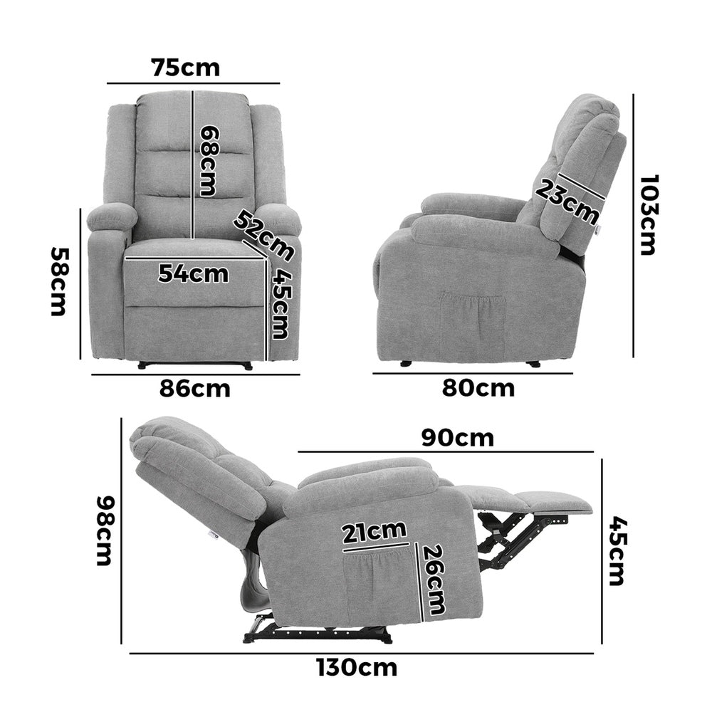 Oikiture Recliner Chair Padded Lounge With Side Pocket Polyester Grey-Recliner Chair-PEROZ Accessories