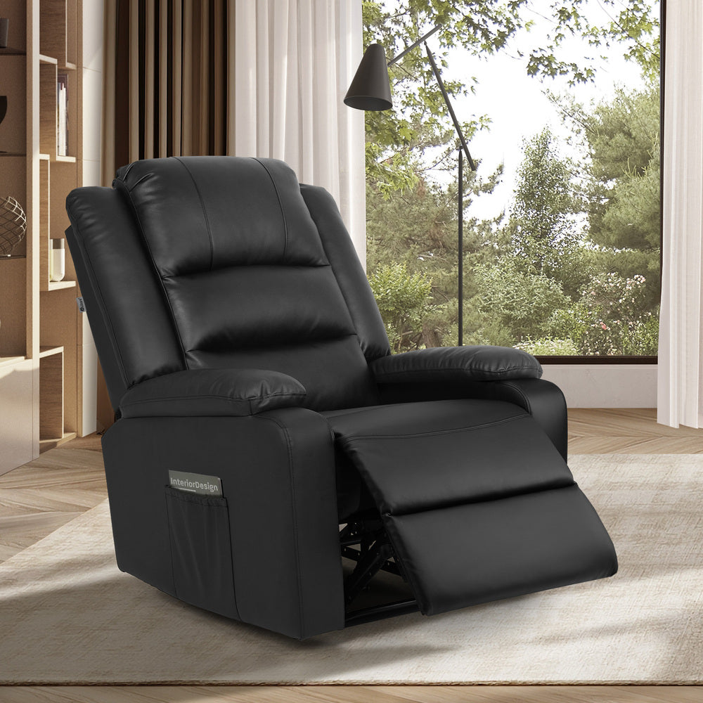 Oikiture Recliner Chair Armchair with Side Pocket Leather Black-Recliner Chair-PEROZ Accessories