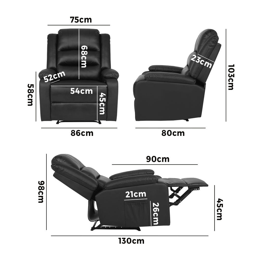 Oikiture Recliner Chair Armchair with Side Pocket Leather Black-Recliner Chair-PEROZ Accessories