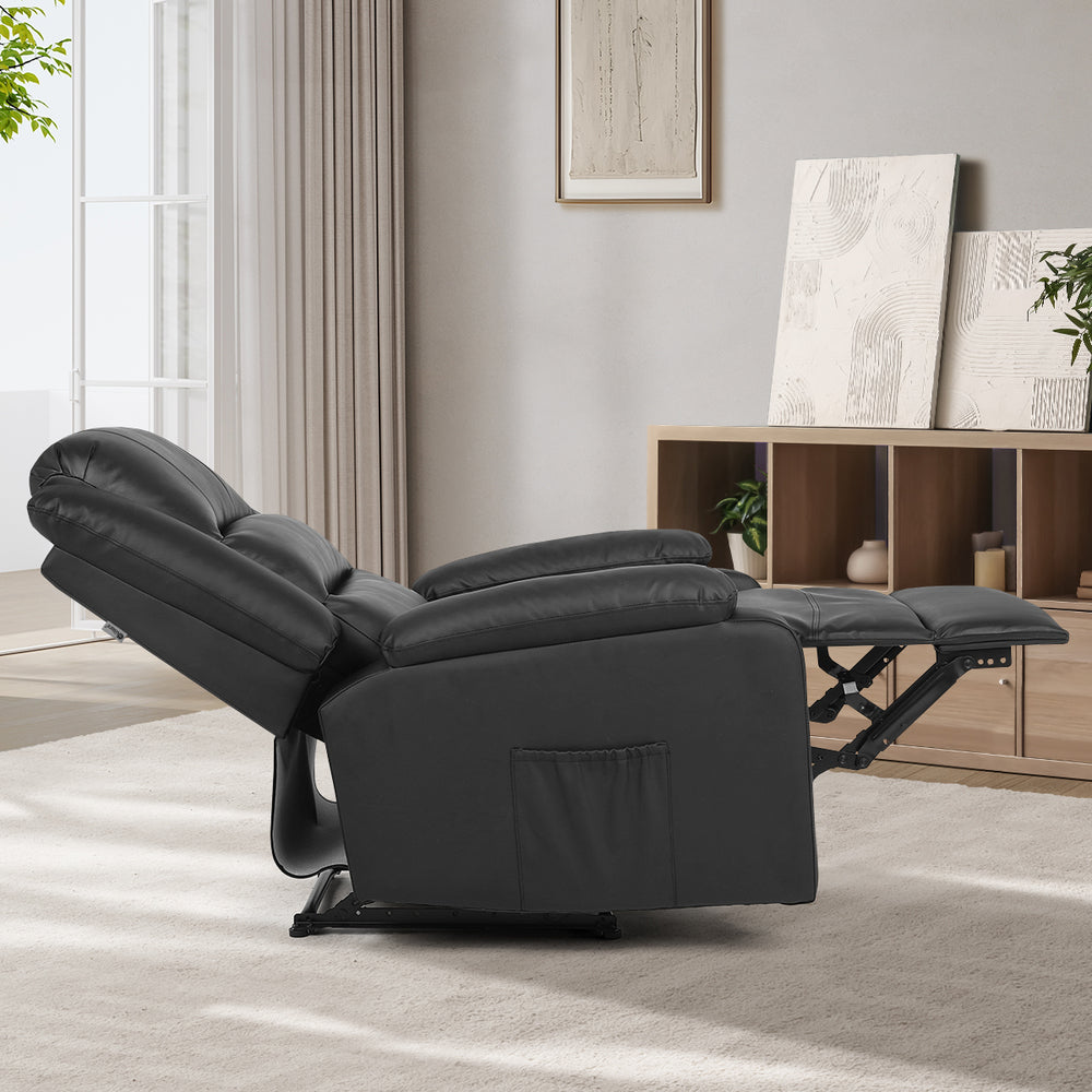 Oikiture Recliner Chair Armchair with Side Pocket Leather Black-Recliner Chair-PEROZ Accessories
