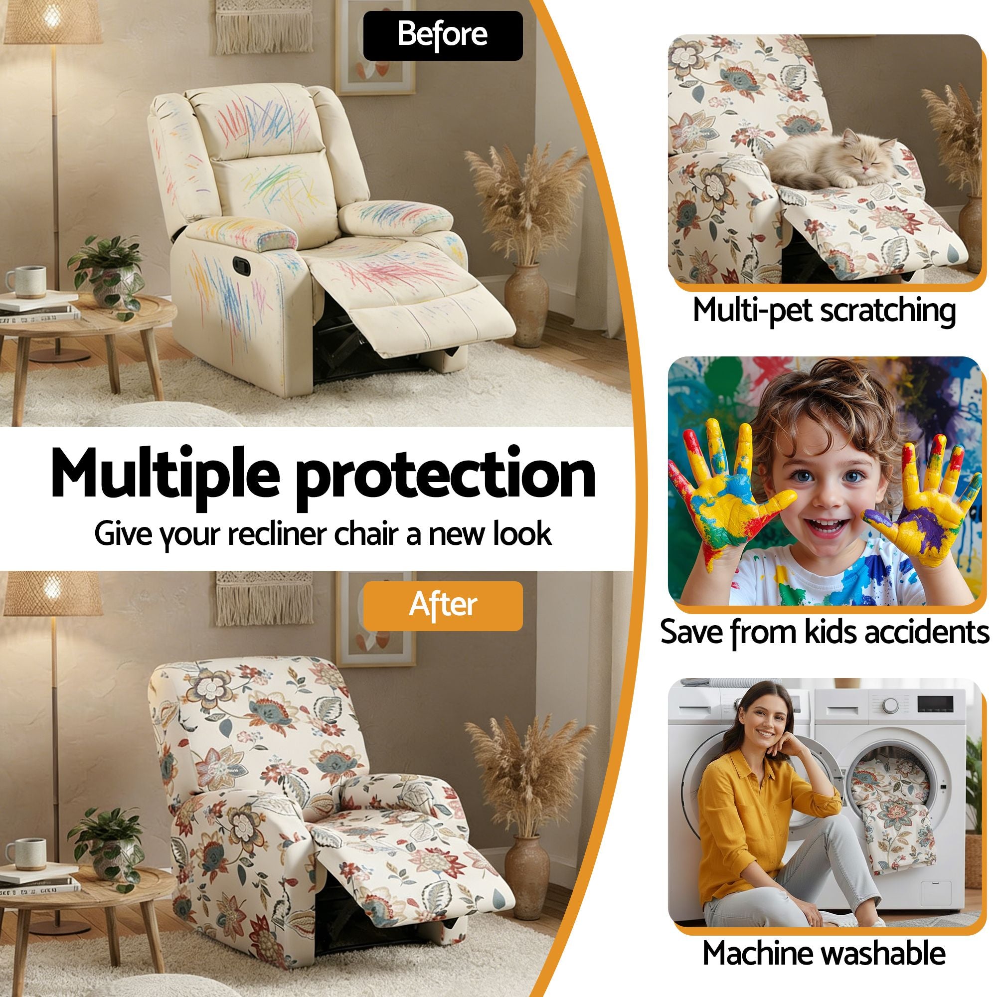 Artiss Stretch Kids Recliner Cover 4-Pieces Recliner Chair Slipcovers Printed Polyester-Furniture > Bar Stools & Chairs > Arm Chairs & Recliners-PEROZ Accessories
