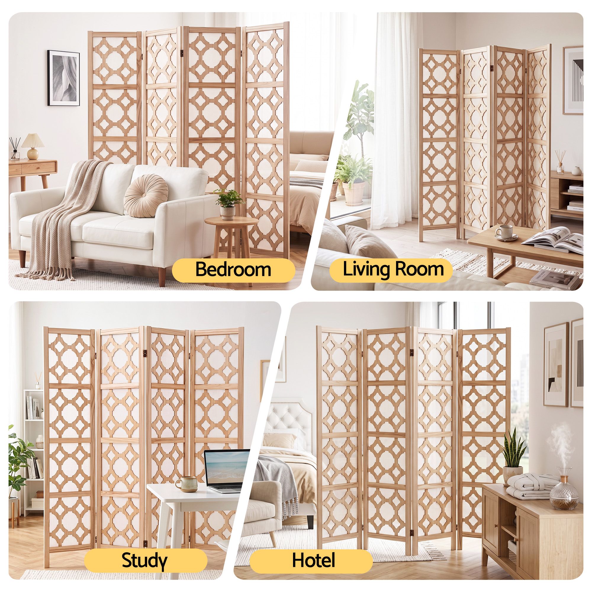 Artiss 4 Panel Room Divider Folding Privacy Screen Wooden Partition Geometric Freestanding Separator Natural 170cm