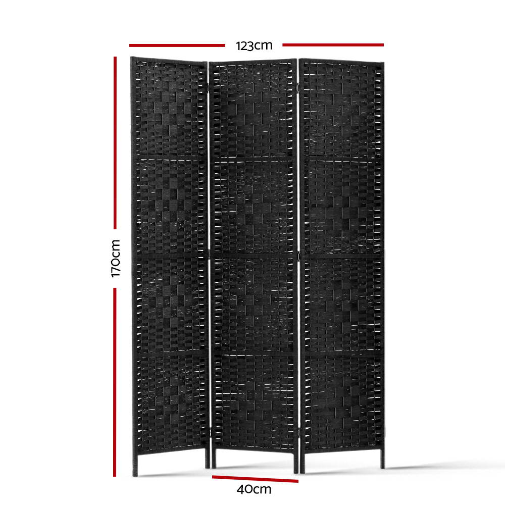 Artiss 3 Panel Room Divider Screen 123x170cm Woven Black-Furniture > Bedroom > Room Dividers-PEROZ Accessories
