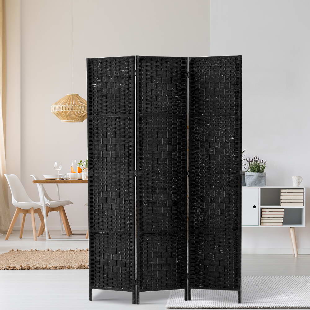 Artiss 3 Panel Room Divider Screen 123x170cm Woven Black-Furniture > Bedroom > Room Dividers-PEROZ Accessories
