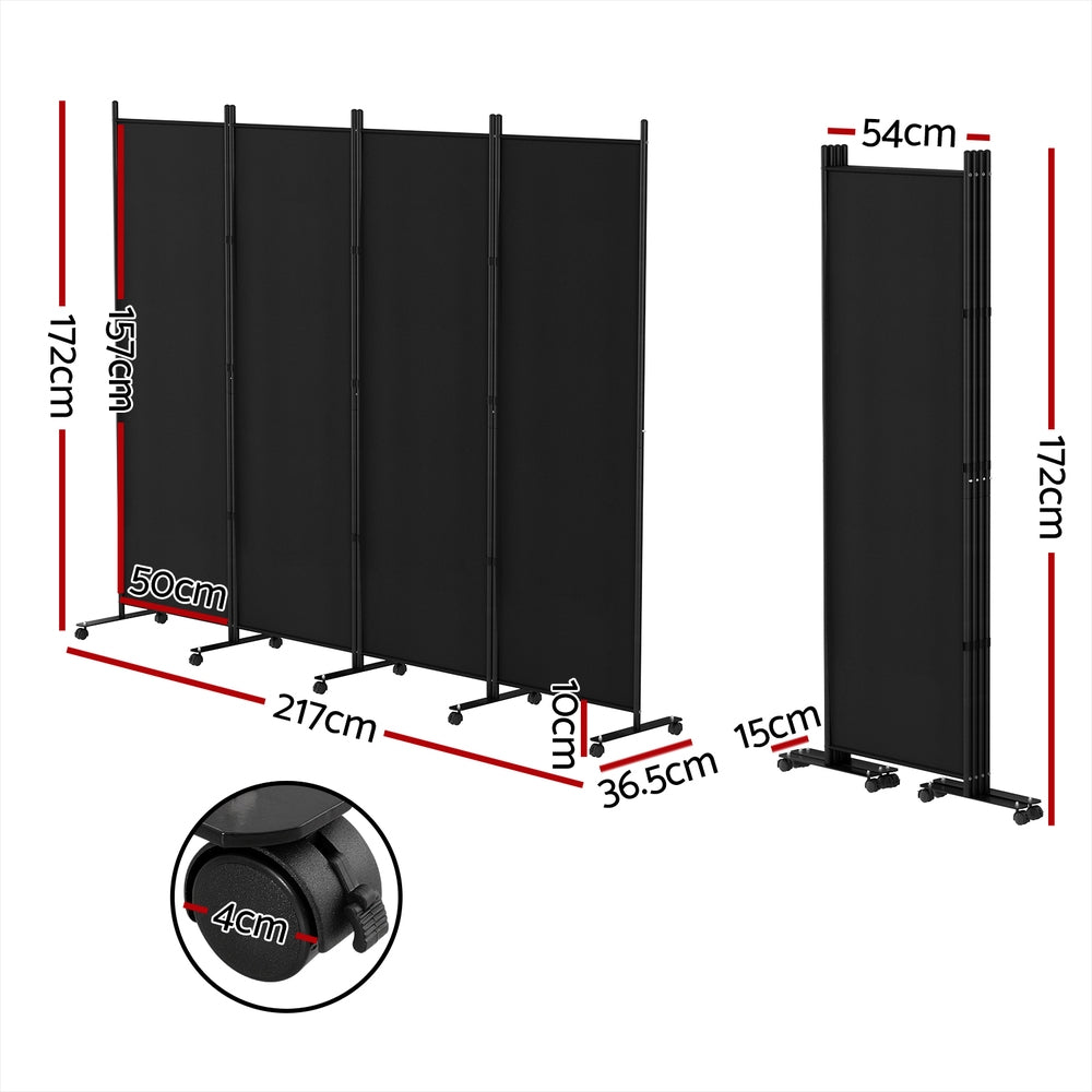 Artiss 4 Panel Room Divider Screen 217cm Wheel Fabric Black-Furniture > Bedroom-PEROZ Accessories