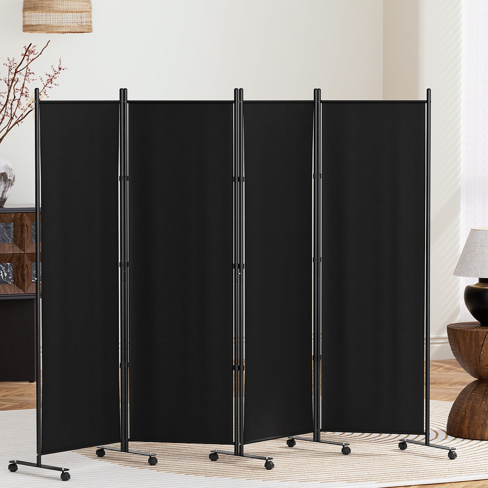 Artiss 4 Panel Room Divider Screen 217cm Wheel Fabric Black-Furniture > Bedroom-PEROZ Accessories