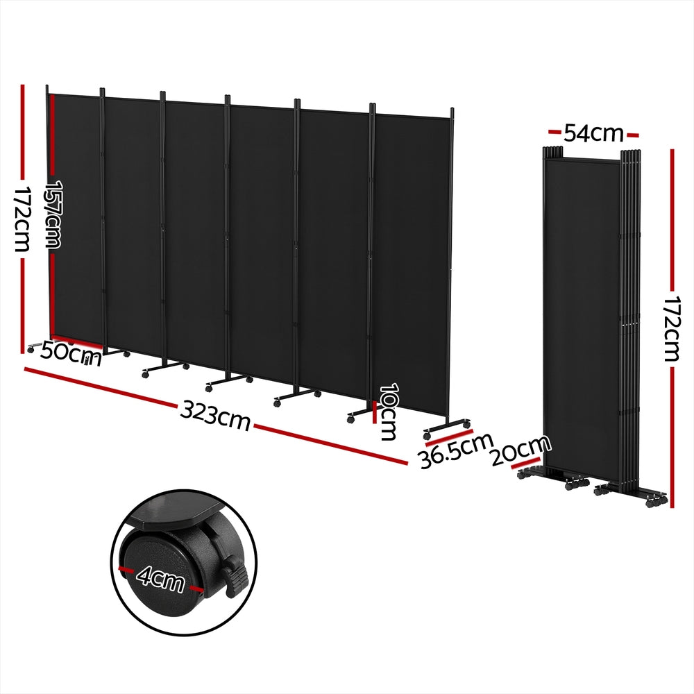 Artiss 6 Panel Room Divider Screen 323cm Wheel Fabric Black-Furniture > Bedroom-PEROZ Accessories