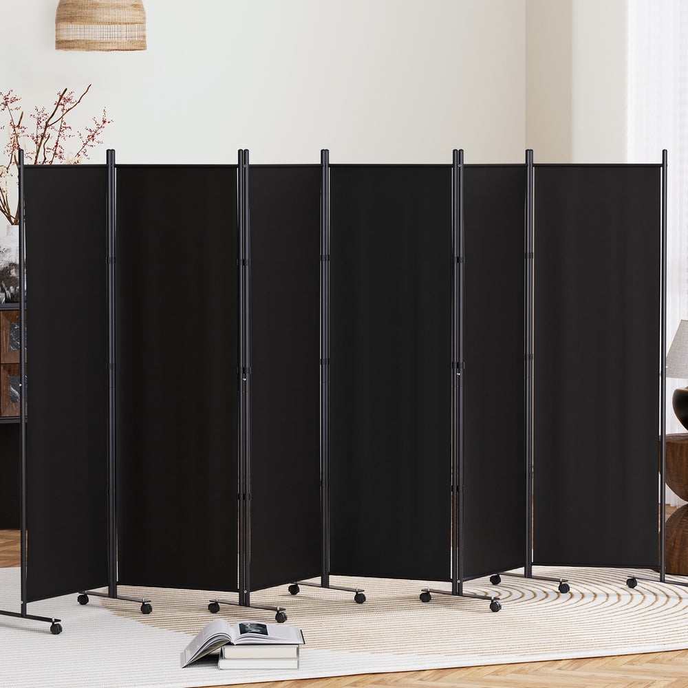 Artiss 6 Panel Room Divider Screen 323cm Wheel Fabric Black-Furniture > Bedroom-PEROZ Accessories