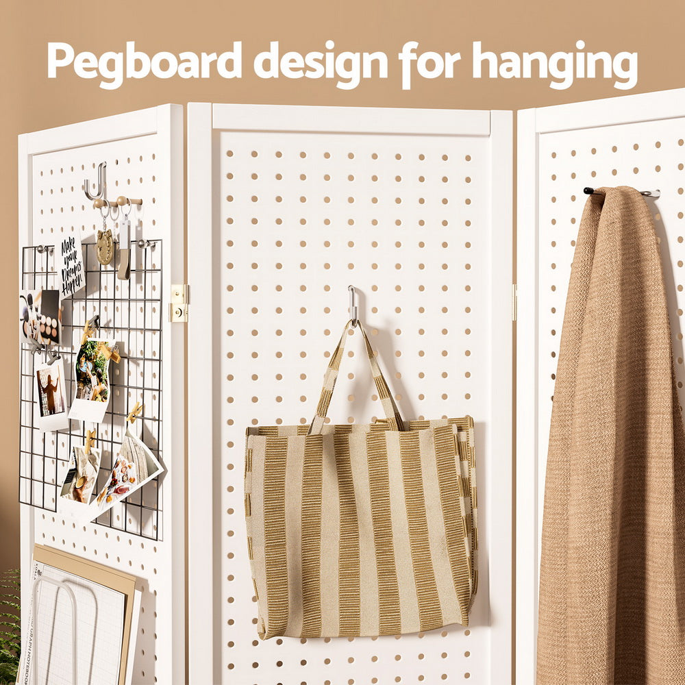 Artiss 4 Panel Room Divider Screen 164x170cm Pegboard White-Furniture > Bedroom-PEROZ Accessories