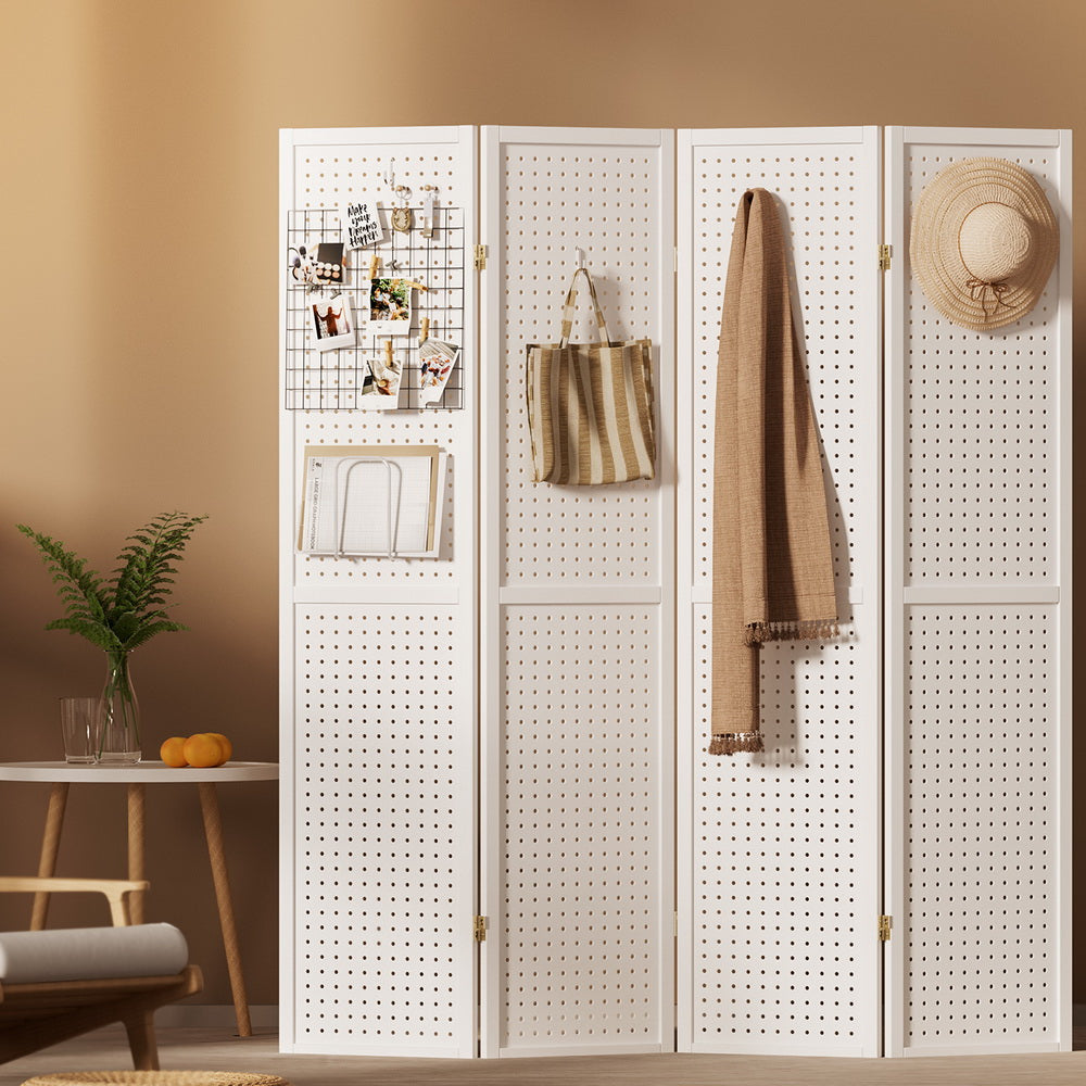 Artiss 4 Panel Room Divider Screen 164x170cm Pegboard White-Furniture > Bedroom-PEROZ Accessories