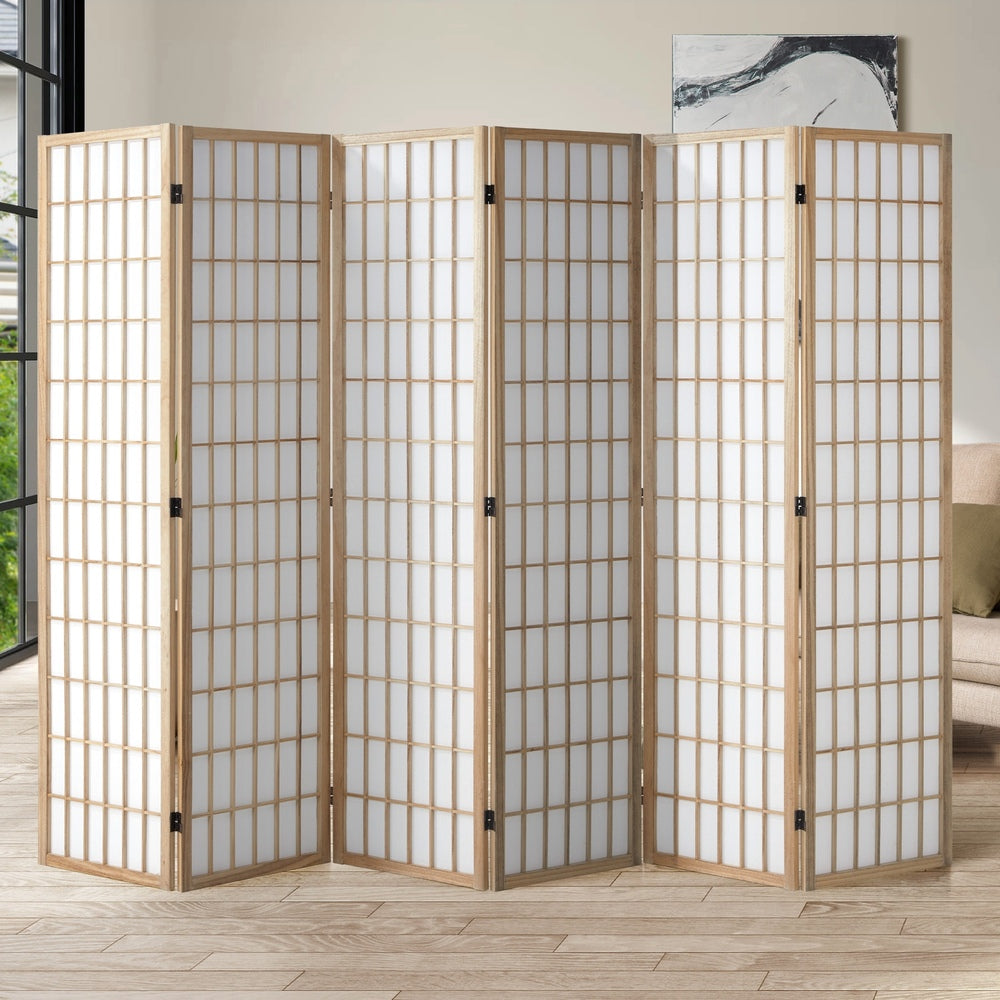 Oikiture 6 Panel Room Divider Timber Farbic Natural-Room Dividers-PEROZ Accessories