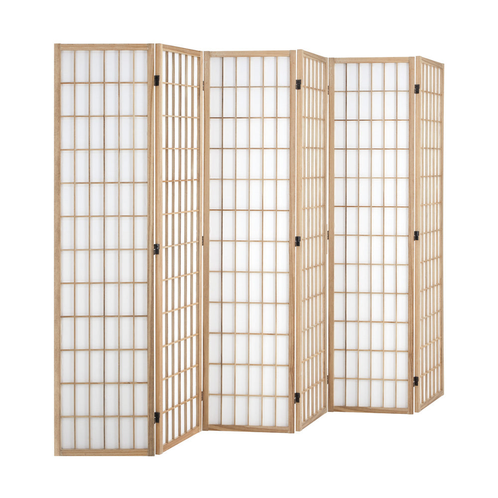 Oikiture 6 Panel Room Divider Timber Farbic Natural-Room Dividers-PEROZ Accessories