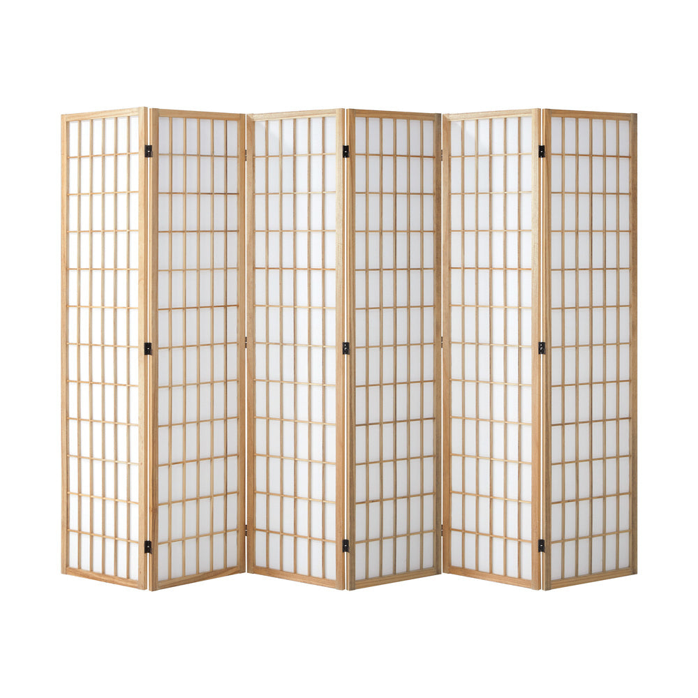 Oikiture 6 Panel Room Divider Timber Farbic Natural-Room Dividers-PEROZ Accessories