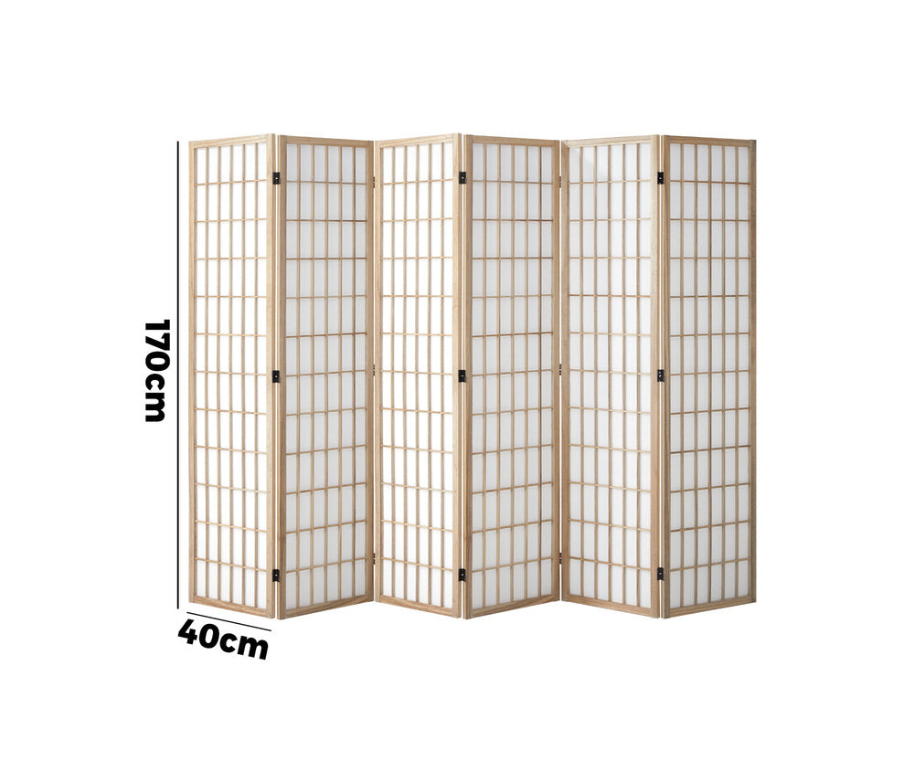 Oikiture 6 Panel Room Divider Timber Farbic Natural-Room Dividers-PEROZ Accessories