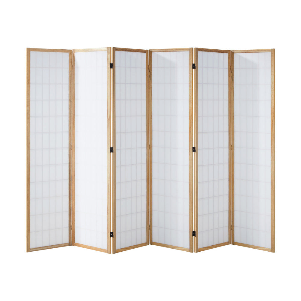 Oikiture 6 Panel Room Divider Timber Farbic Natural-Room Dividers-PEROZ Accessories