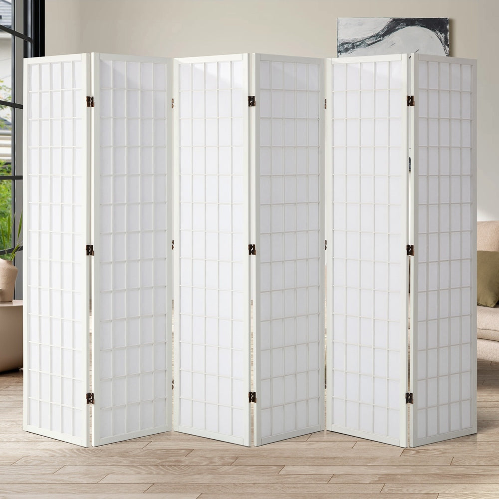 Oikiture 6 Panel Room Divider Timber Farbic White-Room Dividers-PEROZ Accessories
