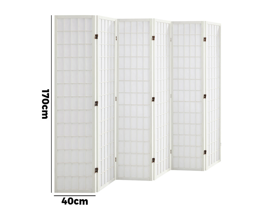 Oikiture 6 Panel Room Divider Timber Farbic White-Room Dividers-PEROZ Accessories