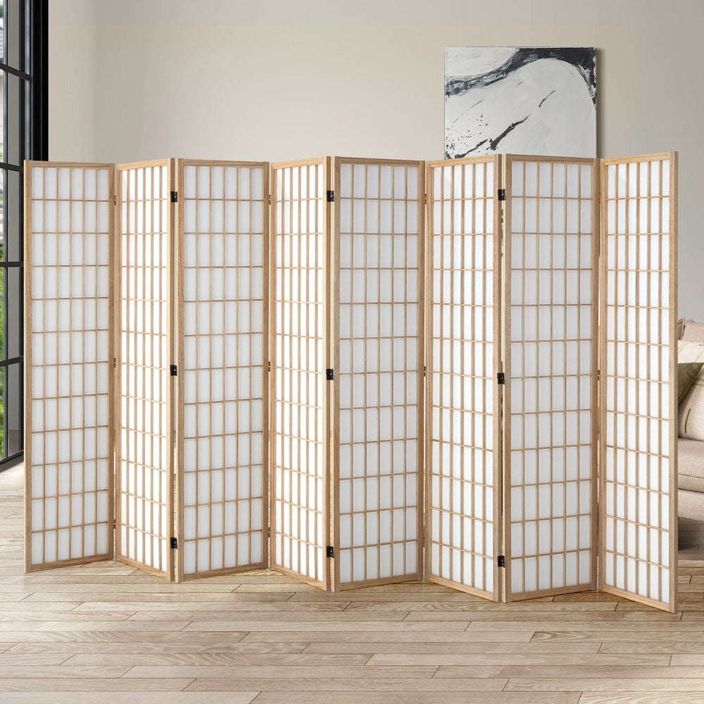 Oikiture 8 Panel Room Divider Timber Farbic Natural-Room Dividers-PEROZ Accessories