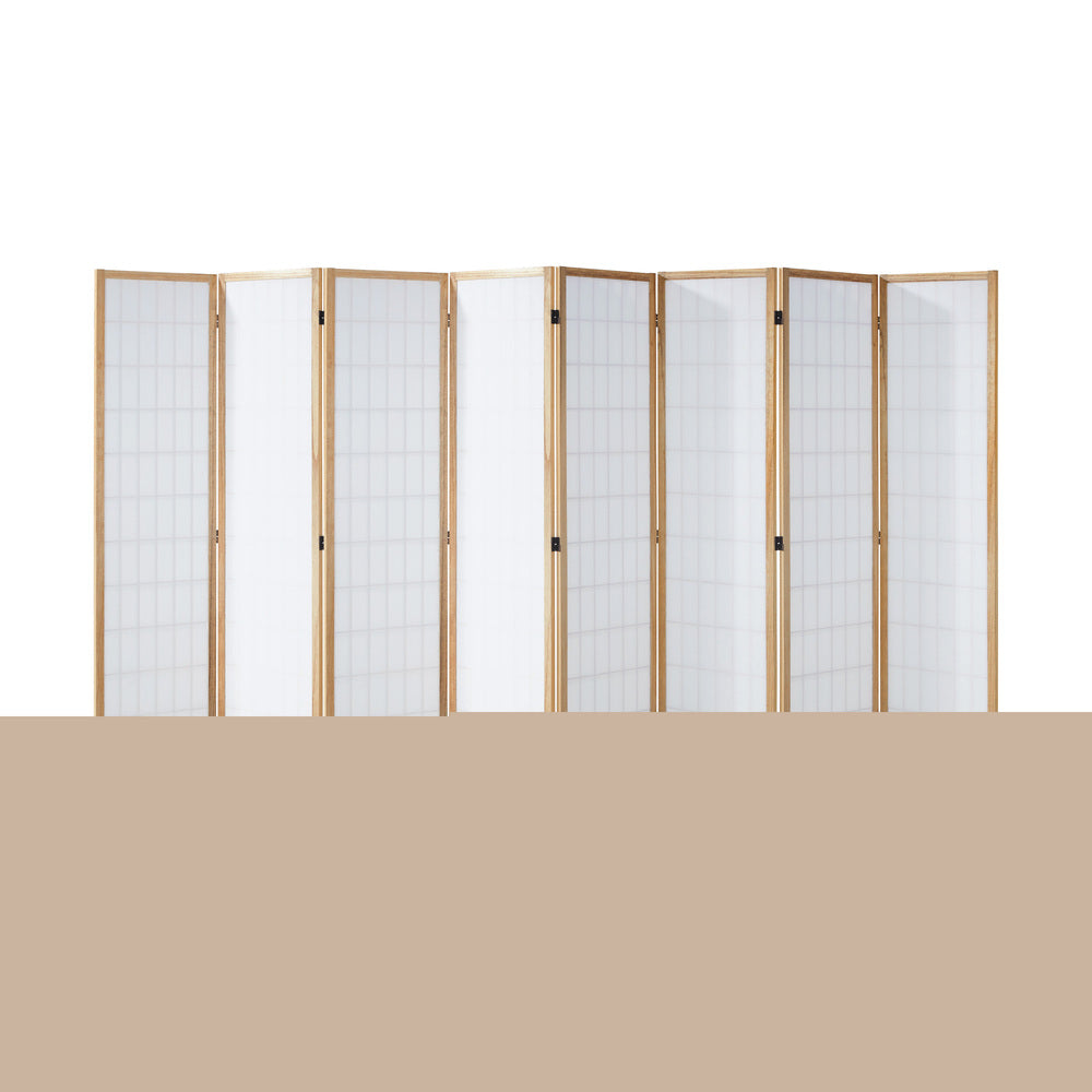 Oikiture 8 Panel Room Divider Timber Farbic Natural-Room Dividers-PEROZ Accessories