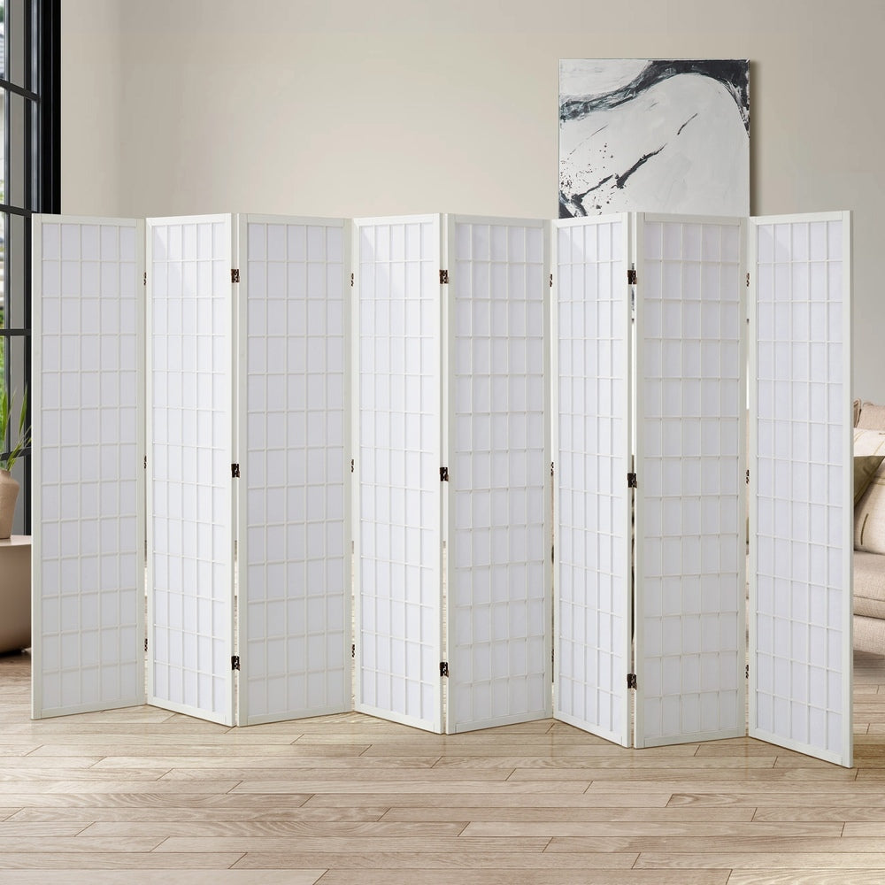 Oikiture 8 Panel Room Divider Timber Farbic White-Room Dividers-PEROZ Accessories