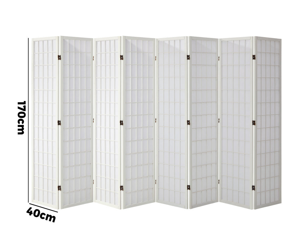 Oikiture 8 Panel Room Divider Timber Farbic White-Room Dividers-PEROZ Accessories