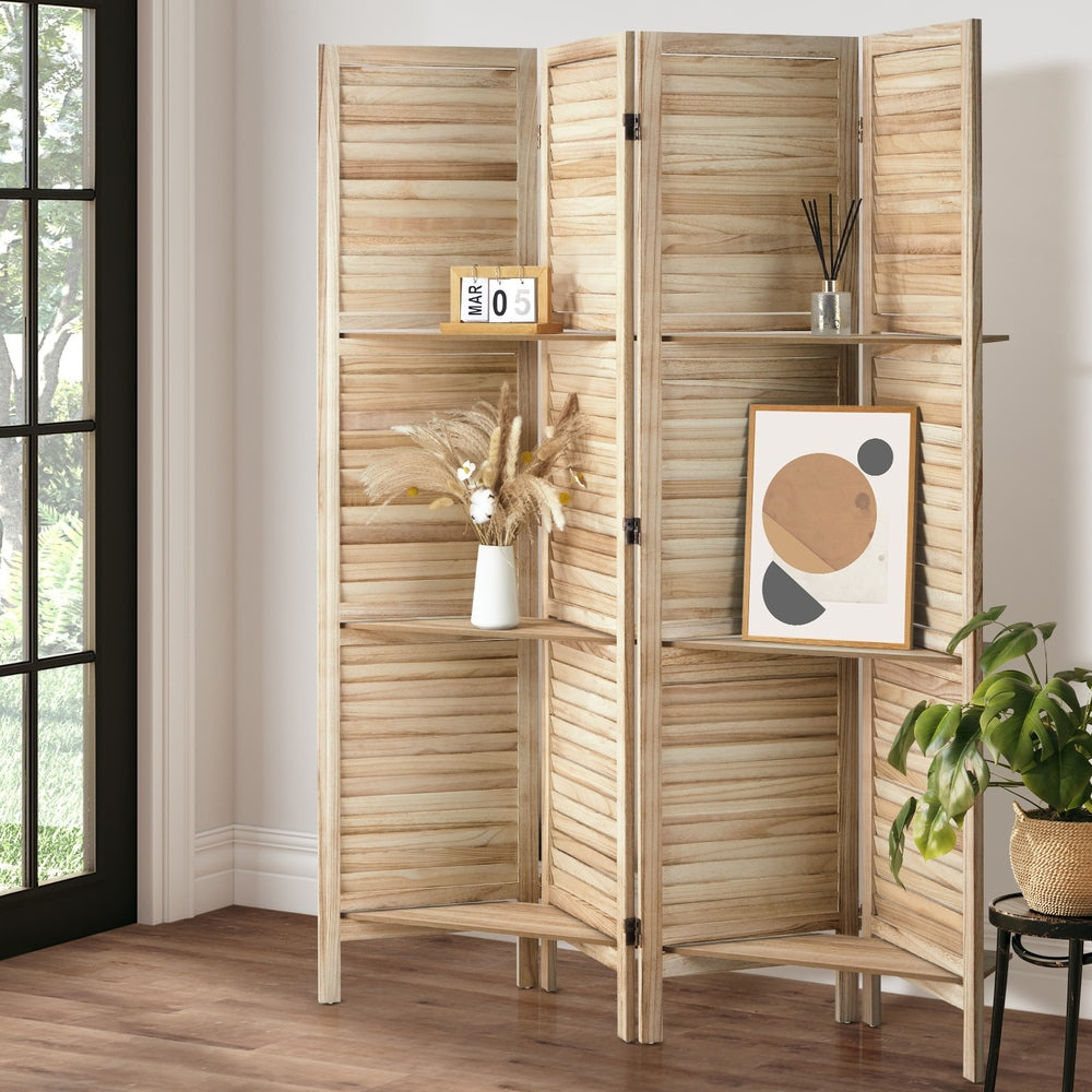 Oikiture 4 Panel Room Divider With Shelves Timber Wooden Natural-Room Dividers-PEROZ Accessories