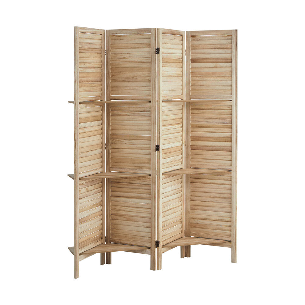 Oikiture 4 Panel Room Divider With Shelves Timber Wooden Natural-Room Dividers-PEROZ Accessories