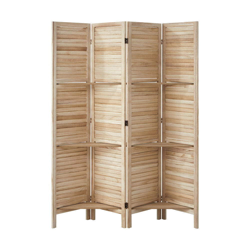 Oikiture 4 Panel Room Divider With Shelves Timber Wooden Natural-Room Dividers-PEROZ Accessories