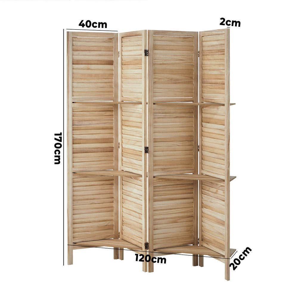 Oikiture 4 Panel Room Divider With Shelves Timber Wooden Natural-Room Dividers-PEROZ Accessories