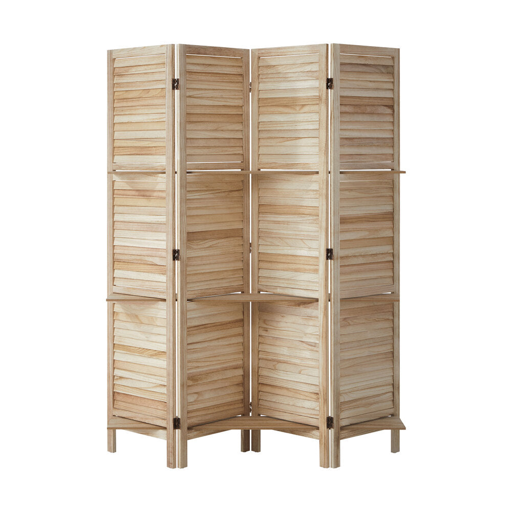 Oikiture 4 Panel Room Divider With Shelves Timber Wooden Natural-Room Dividers-PEROZ Accessories