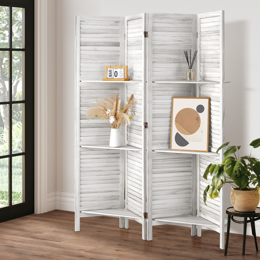 Oikiture 4 Panel Room Divider With Shelves Timber Wooden White-Room Dividers-PEROZ Accessories