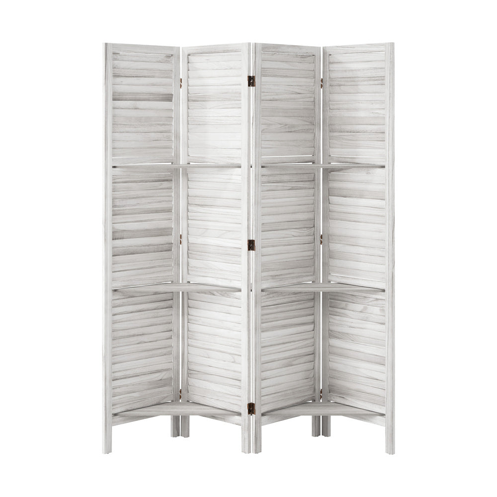 Oikiture 4 Panel Room Divider With Shelves Timber Wooden White-Room Dividers-PEROZ Accessories