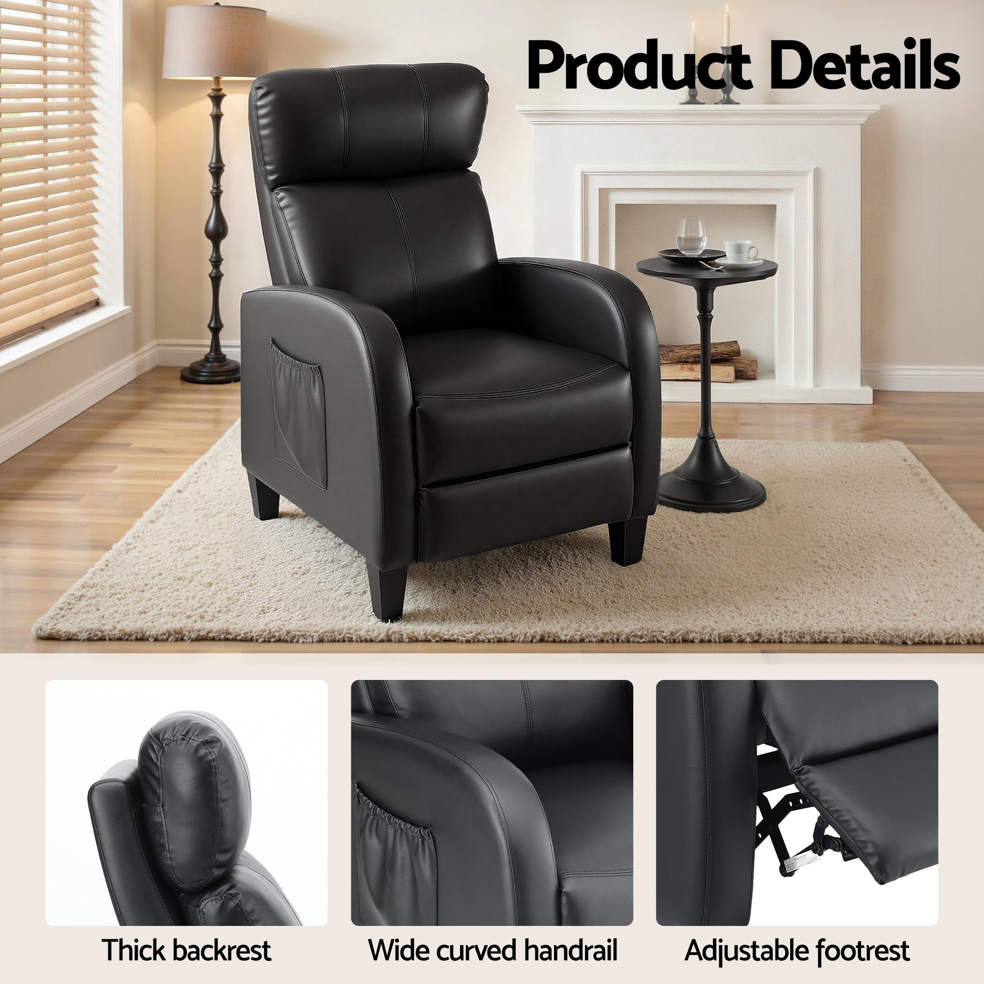 Artiss Massage Recliner Chair Small Recliner Sofa for Adults PU Leather Black-Furniture > Bar Stools & Chairs > Arm Chairs & Recliners-PEROZ Accessories