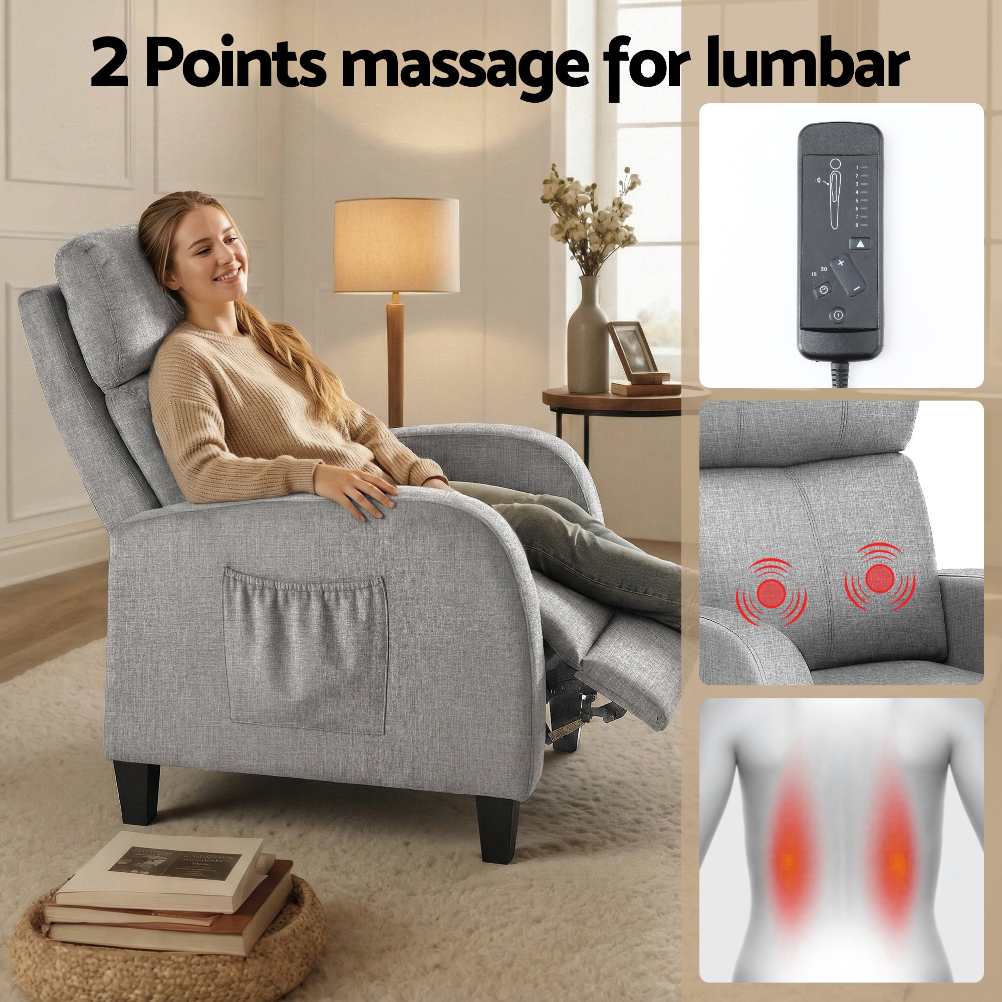 Artiss Massage Recliner Chair Small Recliner Sofa for Adults Fabric Grey-Furniture > Bar Stools & Chairs > Arm Chairs & Recliners-PEROZ Accessories