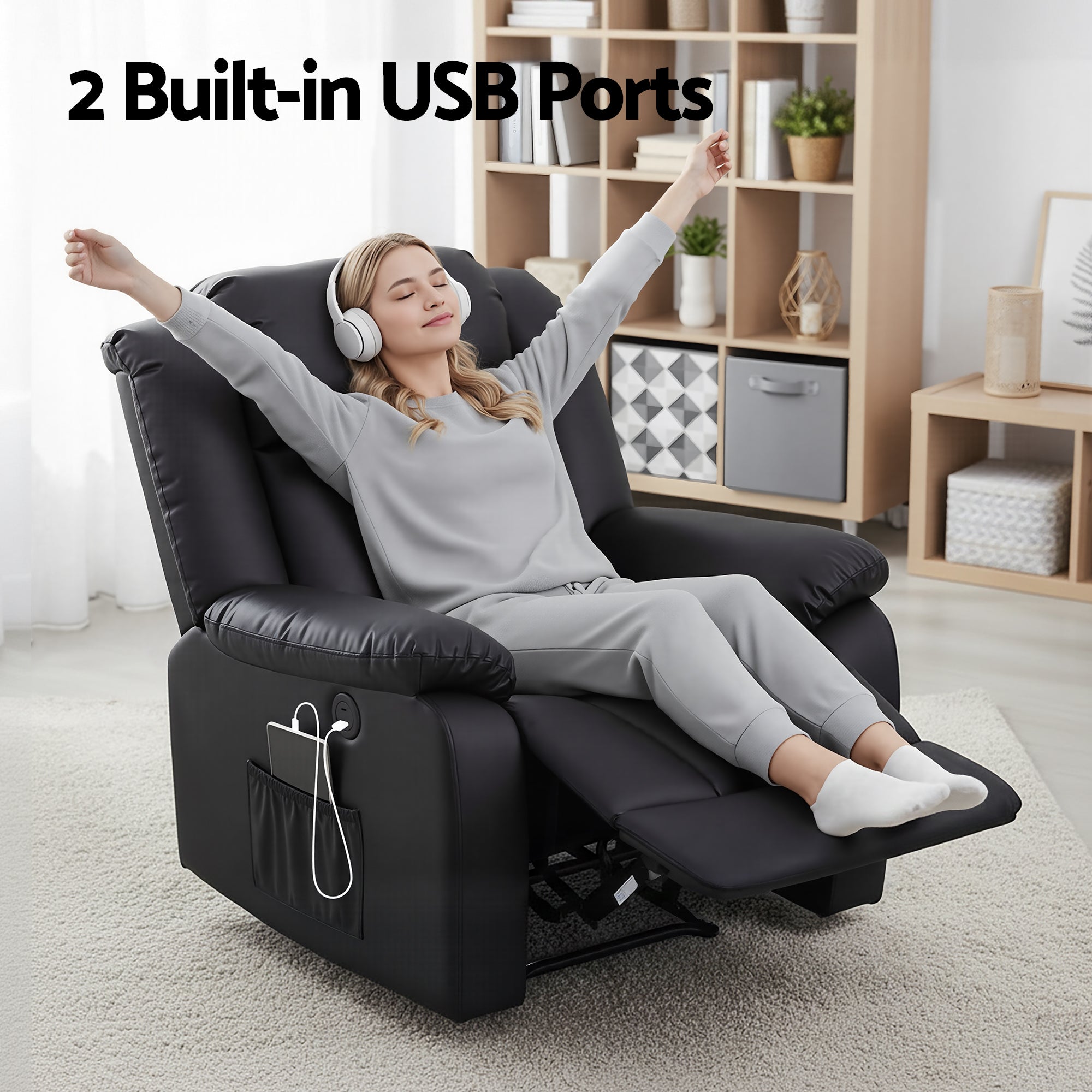 Artiss Manual Massage Recliner Chair for Living Room, Leather Sofa Lounge Reclining Chair with 2 USB Port, 160° Recline Reading Chair with 20CM Wide Armrests, 8 Point Vibration & Lumbar Heat, Black-Furniture > Bar Stools & Chairs > Arm Chairs & Recliners-PEROZ Accessories