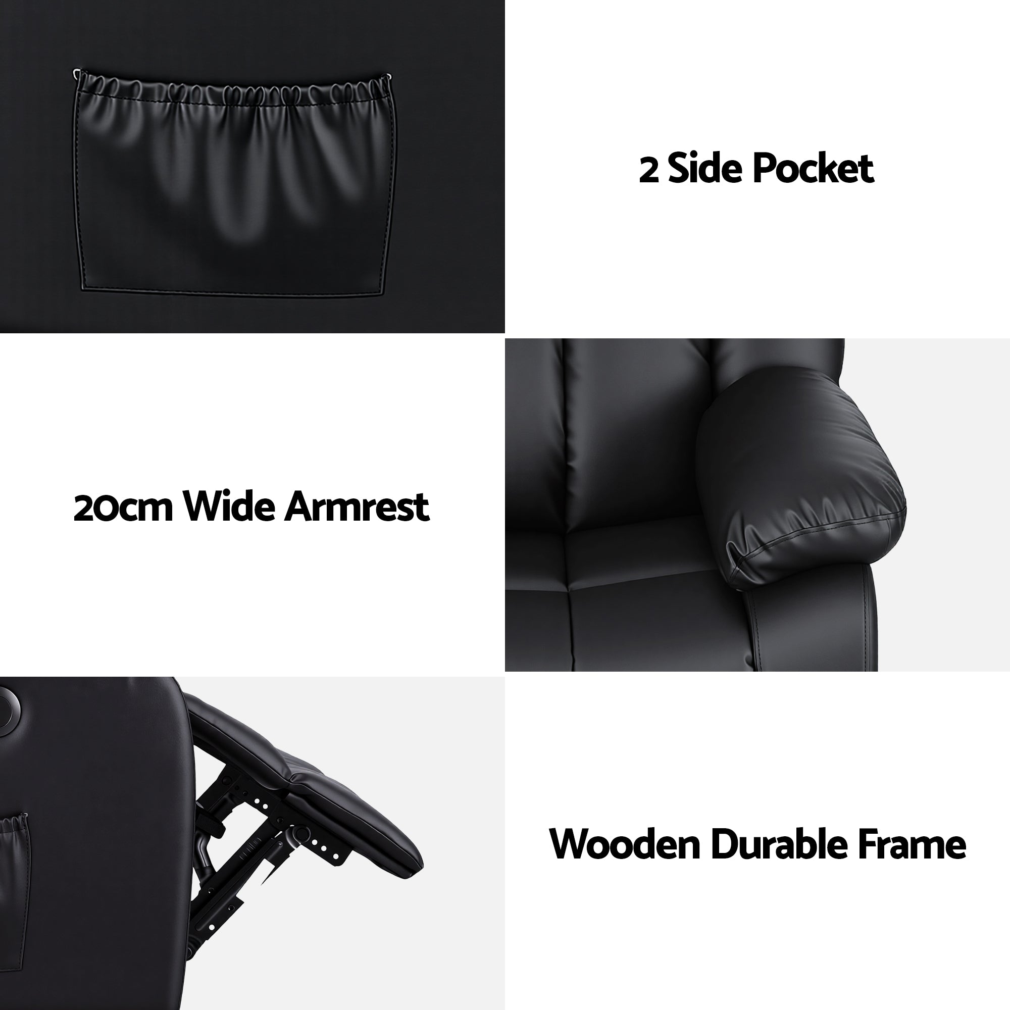Artiss Manual Massage Recliner Chair for Living Room, Leather Sofa Lounge Reclining Chair with 2 USB Port, 160° Recline Reading Chair with 20CM Wide Armrests, 8 Point Vibration & Lumbar Heat, Black-Furniture > Bar Stools & Chairs > Arm Chairs & Recliners-PEROZ Accessories